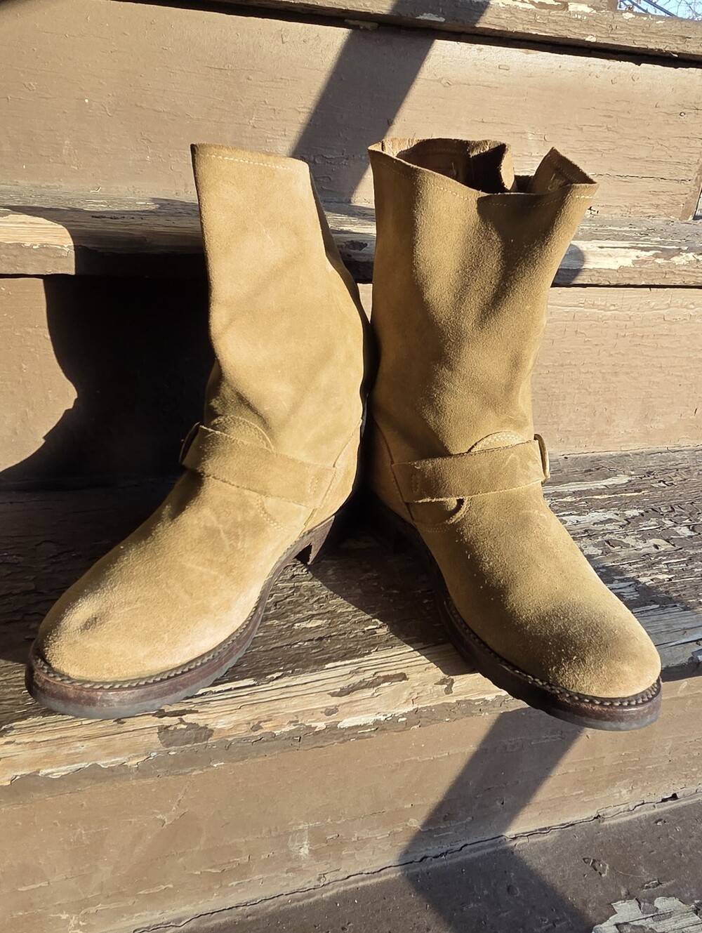 Frye Veronica Short 70590 Womens Green Tan Suede Hook & Loop Engineer Boots - Picture 12 of 15